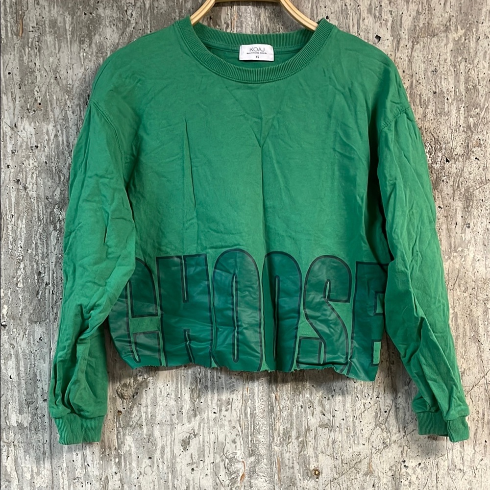 KOAJ Women's Long Sleeve Crewneck Cropped Sweater Size XS In Green